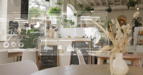 Futuristic Digital Interfaces in Modern Cafeteria Setting