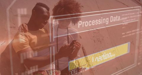 Couple Using Smartphone with Digital Data Overlay