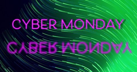Cyber Monday Sale Neon Sign over Futuristic Colorful Waves