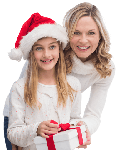 Mother and Daughter Smiling with Christmas Present Isolated on Transparent Background