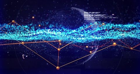 Visualizing digital data stream with cyan particle wave and orange node network