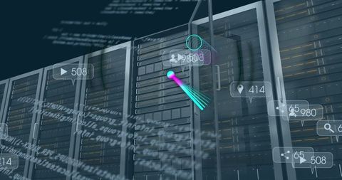 Digital Data Network Icons and Interfaces Overlaying Server Racks - Download Free Stock Images Pikwizard.com