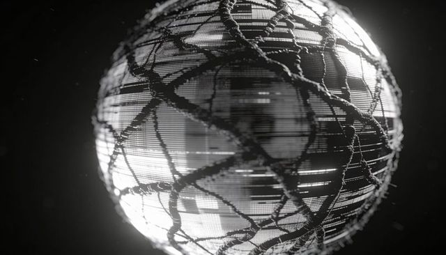Glowing futuristic orb wrapped in braided rope net with scanline glitch