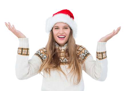 Joyful Woman with Santa Hat on Transparent Background Celebrating
