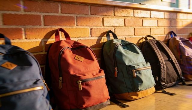 Colorful backpacks lining brick wall in school corridor at warm sunlight showing zippers