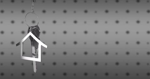 Hanging house keyring holding keys on perforated pegboard, silver metallic minimalist