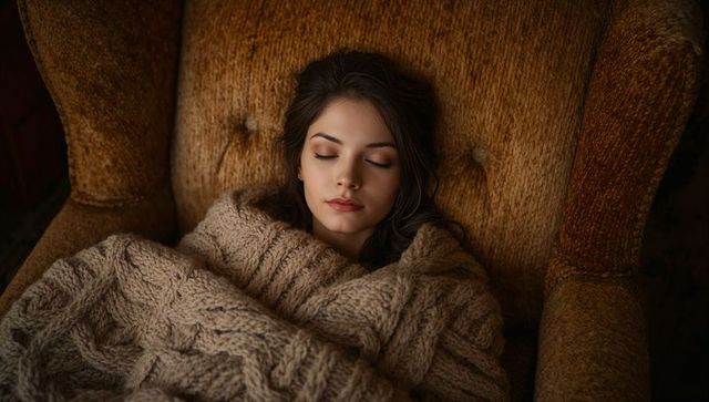 Cozy woman sleeping wrapped in chunky cable-knit blanket on tufted armchair, warm brown tones