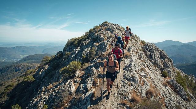 Group trekking narrow mountain ridge with panoramic alpine views and trekking poles
