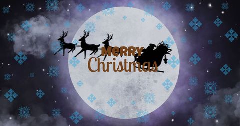 Santa's sleigh silhouette on full moon with merry christmas text