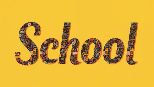 School typography with educational doodles on yellow background