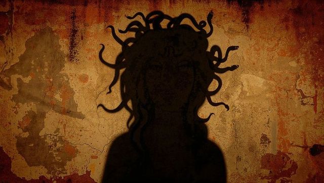 Medusa shadow on weathered plaster wall, serpentine silhouette, grunge chiaroscuro sepia
