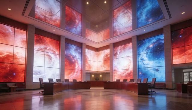 Futuristic council chamber with curved dais and nebula LED walls showcasing cosmic visuals