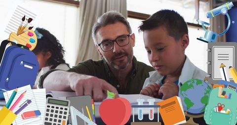 Male teacher helping students with educational overlay of school items