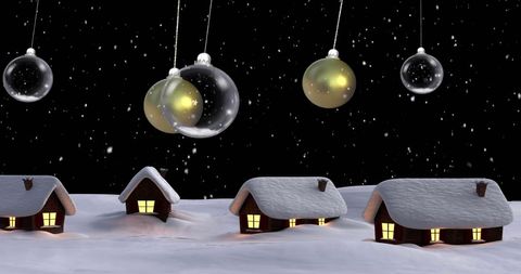 Floating Christmas Baubles Over Snowy Winter Village at Night