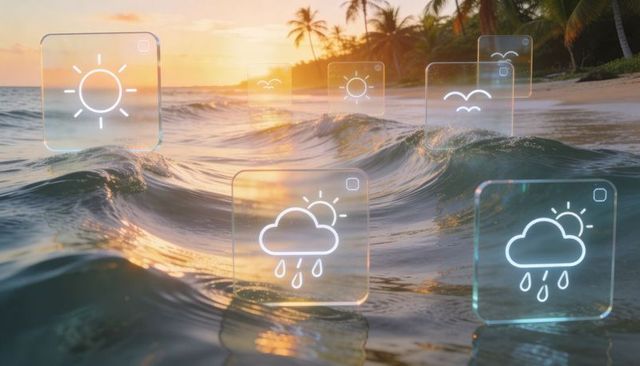 Holographic weather icons floating above tropical sunset ocean waves, futuristic ui concept
