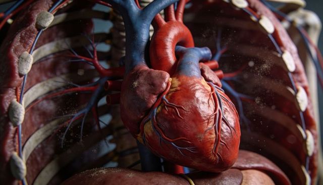 Detailed heart anatomy revealing coronary arteries, ascending aorta and pulmonary trunk