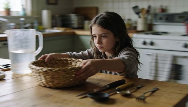 Preteen girl arranging woven basket on rustic kitchen table with utensils and water pitcher