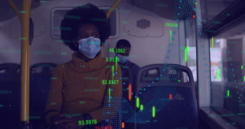 People in Masks Analyzing Financial Data Visualization on Bus