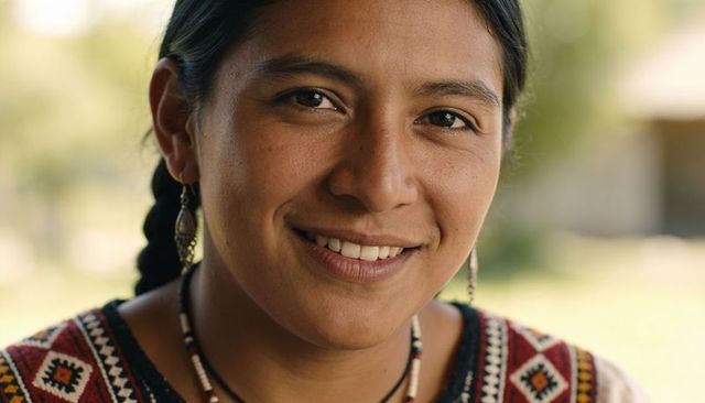 Smiling latin woman wearing woven top and beaded necklace, braided hair, outdoor portrait