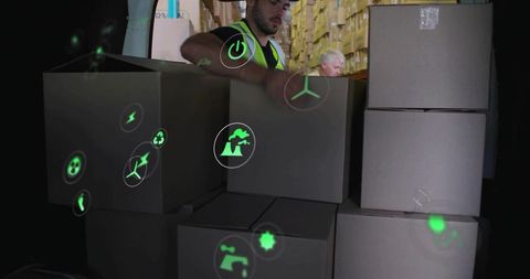Warehouse worker handling logistics amid green energy symbols