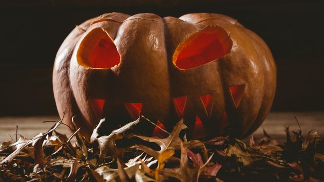 Menacing Halloween Pumpkin Among Autumn Leaves - Download Free Stock Templates Pikwizard.com