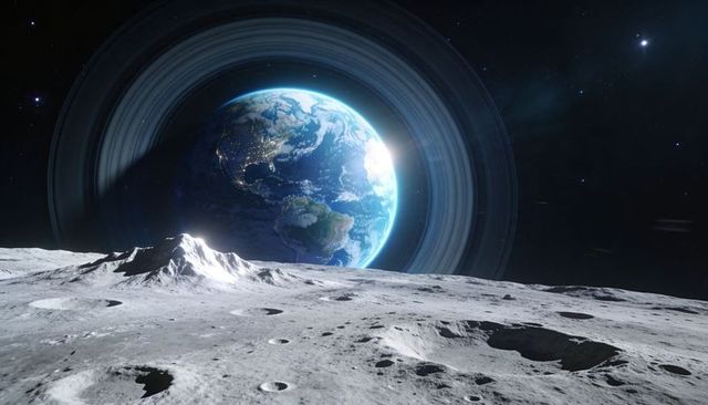 Ringed planet rising over cratered lunar plain with jagged peak casting deep shadows