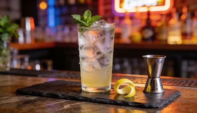 Chilled lemon mint highball glistening with ice on slate at neon backlit bar
