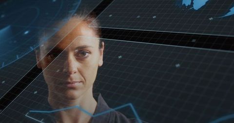 Woman Analyzing Holographic Grid Interface in Futuristic Control Room