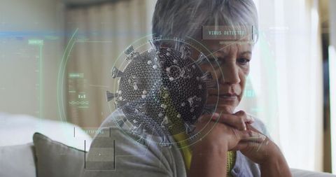 Senior Woman Reflecting During Pandemic with Virtual Virus