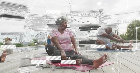 Senior adults practicing rooftop yoga and stretching with digital wellness overlay