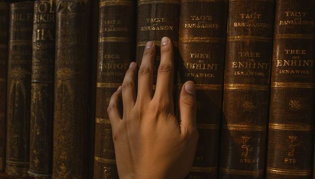 Hand touching antique leather-bound book spines warm vintage library ambience
