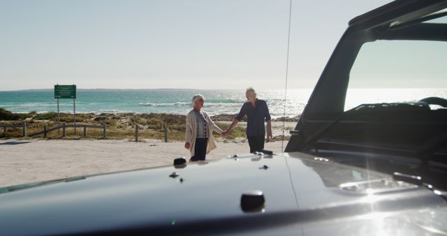 Happy caucasian senior couple holding hands by car on beach by seaside with copy space. Road trip, retirement, lifestyle, vacation, summer, happiness, wellbeing concept, unaltered.
