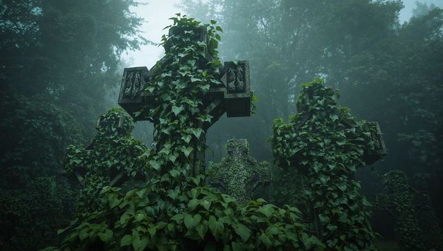 Ivy-covered gothic cross in foggy cemetery, historic overgrown grave moss-draped monument