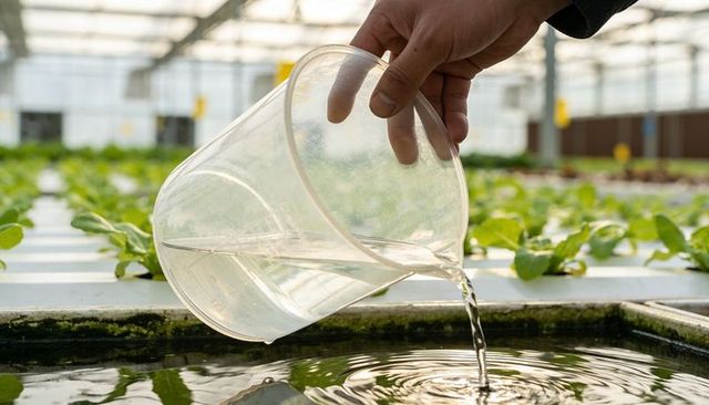 Pouring water into hydroponic nutrient tank in commercial greenhouse with leafy greens