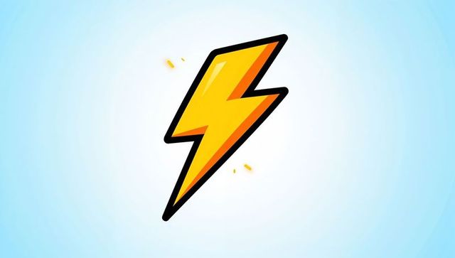 Glossy yellow lightning bolt with bold black outline and orange shading on blue gradient