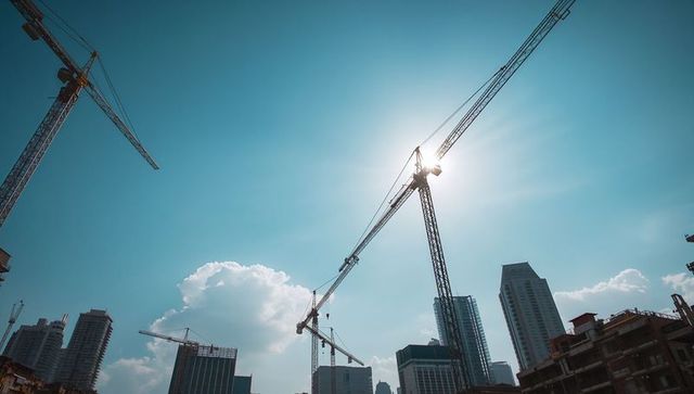 Skyline Tower Cranes Casting Sunflare Over Downtown Highrise Construction and City Growth