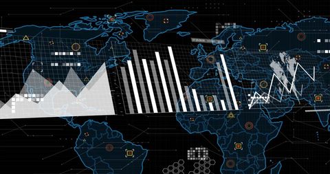 Data processing display with world map highlighting global connections