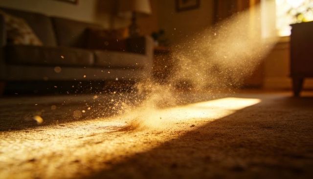 Golden sunbeam revealing swirling dust motes over textured carpet in cozy living room