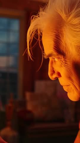 Senior man raising head and gazing out window in warm light, contemplative vertical video