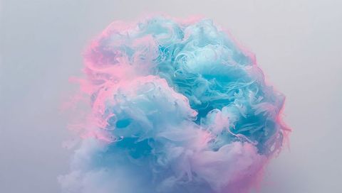 Drifting cyan and pink smoke cloud creating translucent pastel plume with wispy tendrils