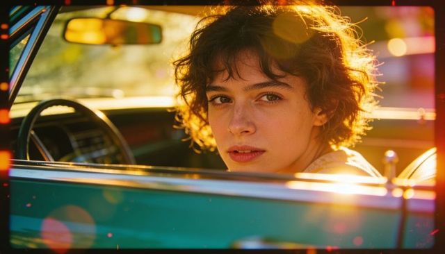Sunlit woman looking back from vintage green car driver's seat with warm bokeh glow