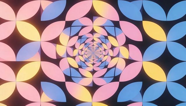 Spiraling Pastel Petal Mosaic Converging Toward Center Geometric Kaleidoscope Pattern