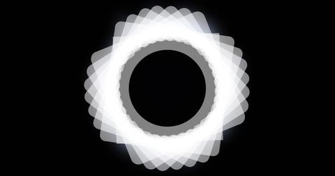 Glowing geometric rosette ring composed of layered rounded squares on black background