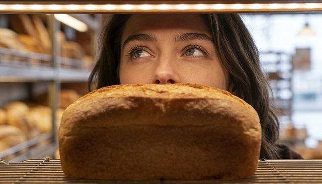 Peering woman inspecting fresh artisan loaf under warm bakery display lights, closeup