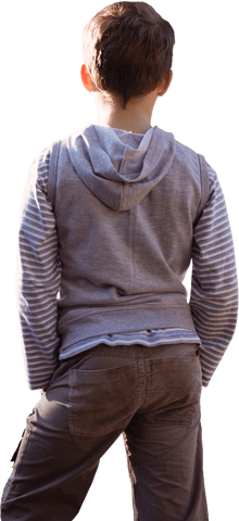 Rear View of Boy in Casual Outfit with Hooded Jacket on Transparent Background