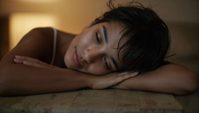 Young woman resting head on arms in warm bedside light, pensive serene portrait