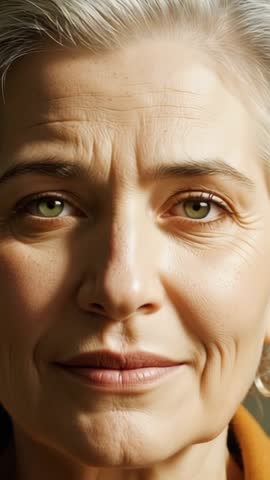 Vertical close-up: senior woman lifting eyelids, blinking and holding gaze in gray studio