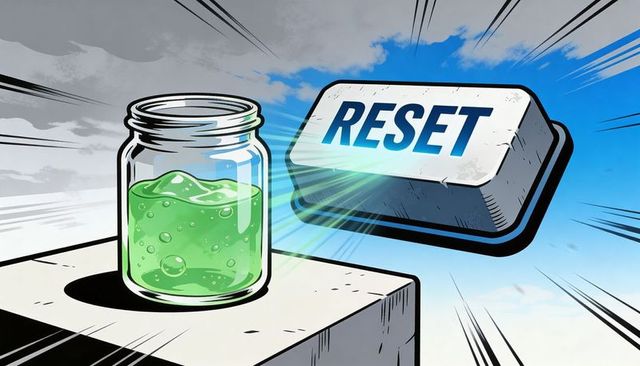 Neon green gel jar facing giant reset key, comic pop art concept for fresh start