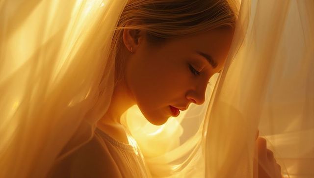 Golden Backlit Woman Wearing Sheer Veil Ethereal Profile Portrait with Soft Warm Light