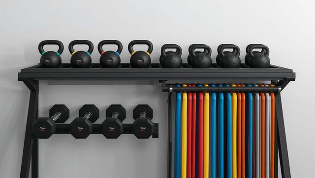 Organized gym equipment with kettlebells, dumbbells, and exercise bars